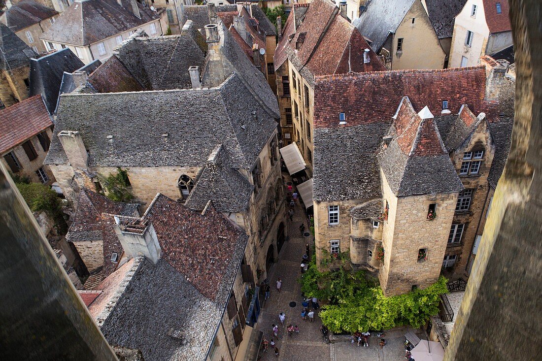 France, Dordogne, Sarlat la Caneda, view overlooking the roof of the old town from the steeple of St Mary church