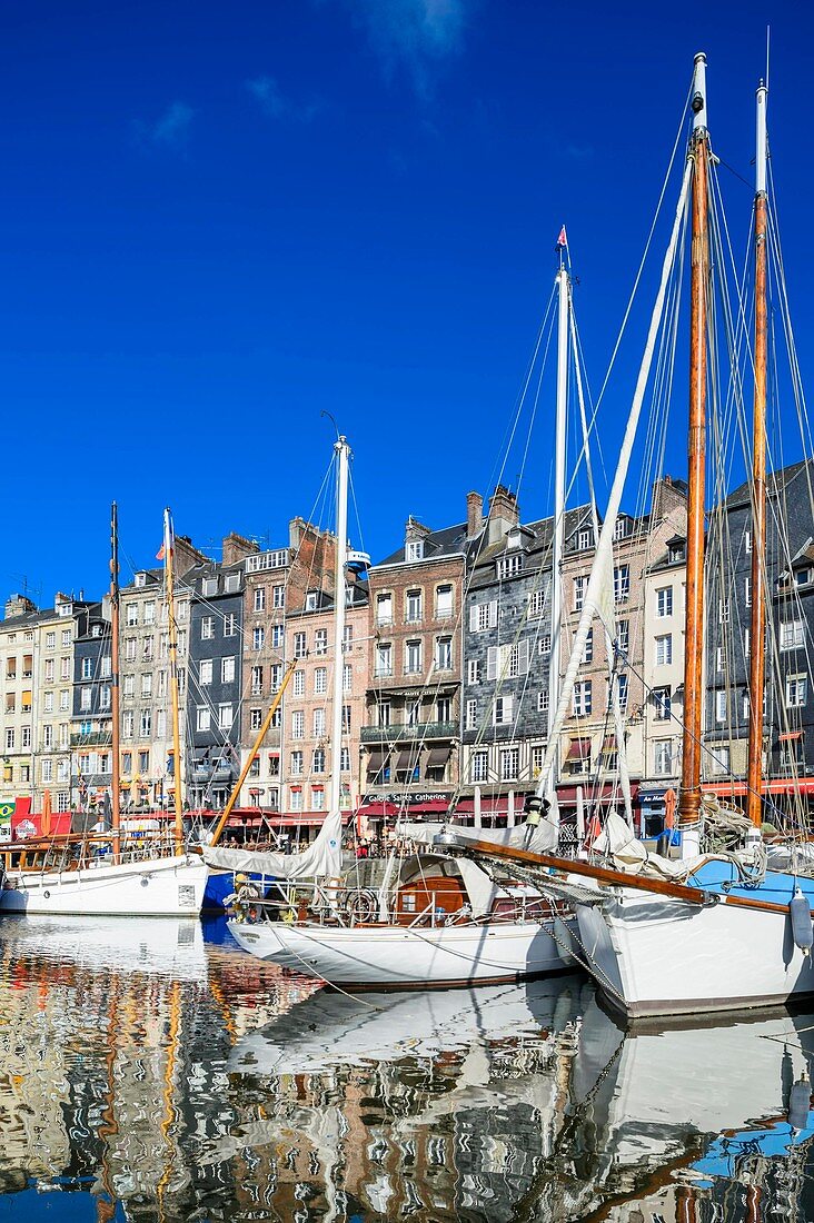 France, Calvados, Pays d'Auge, Honfleur and its picturesque harbour, Old Basin and the Quai Sainte Catherine