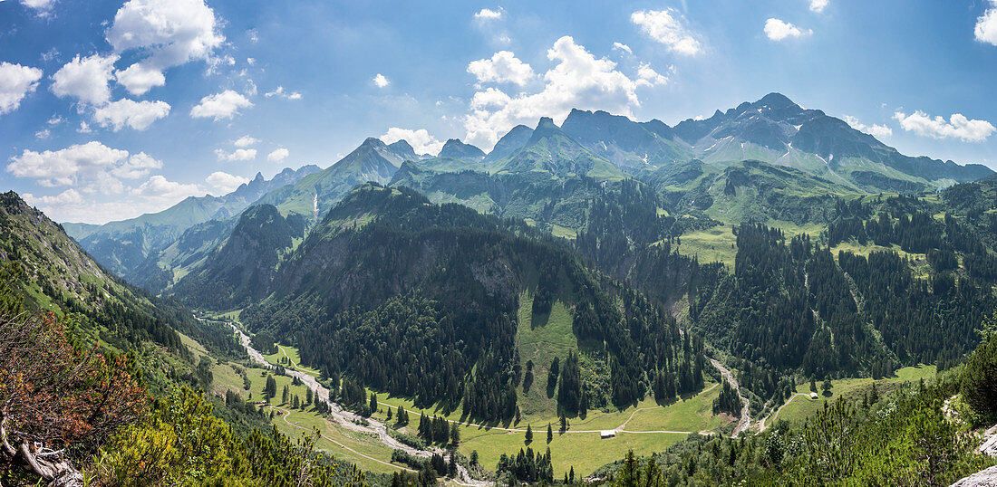Mountain panorama of the German Alps in the Oberallgäu. Germany, Bavaria, Oberallgäu