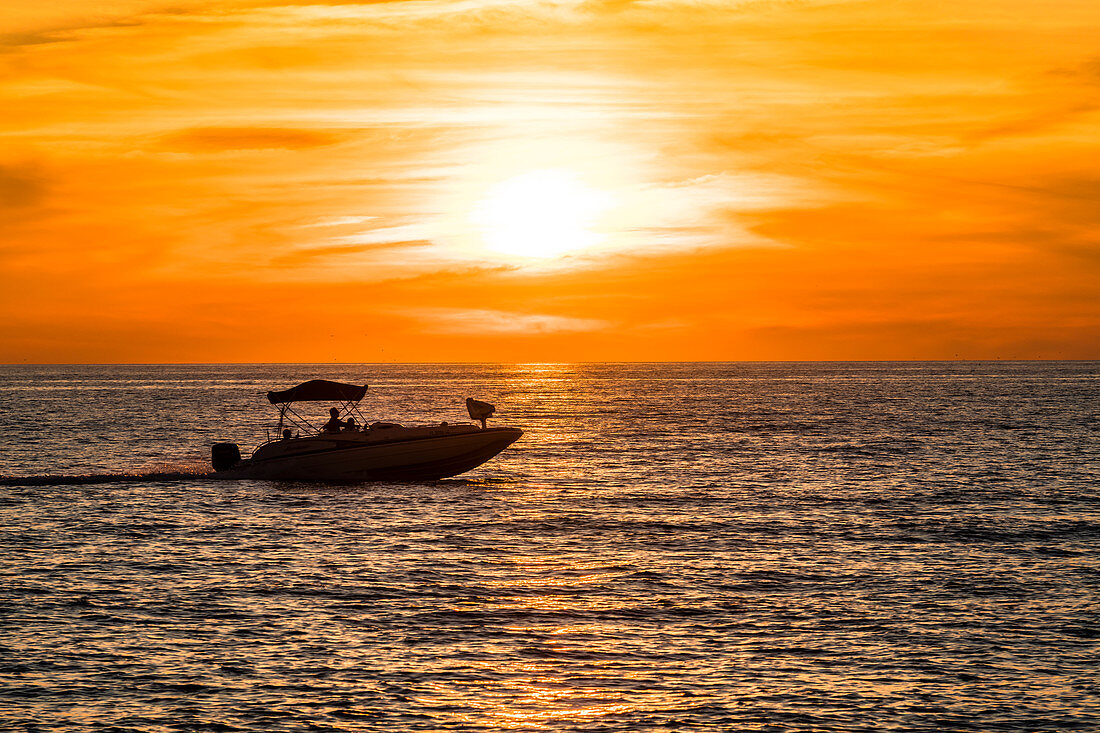 Sonnenuntergang, Tour mit einem Sportboot im Golf von Mexiko, Fort Myers Beach, Florida, USA