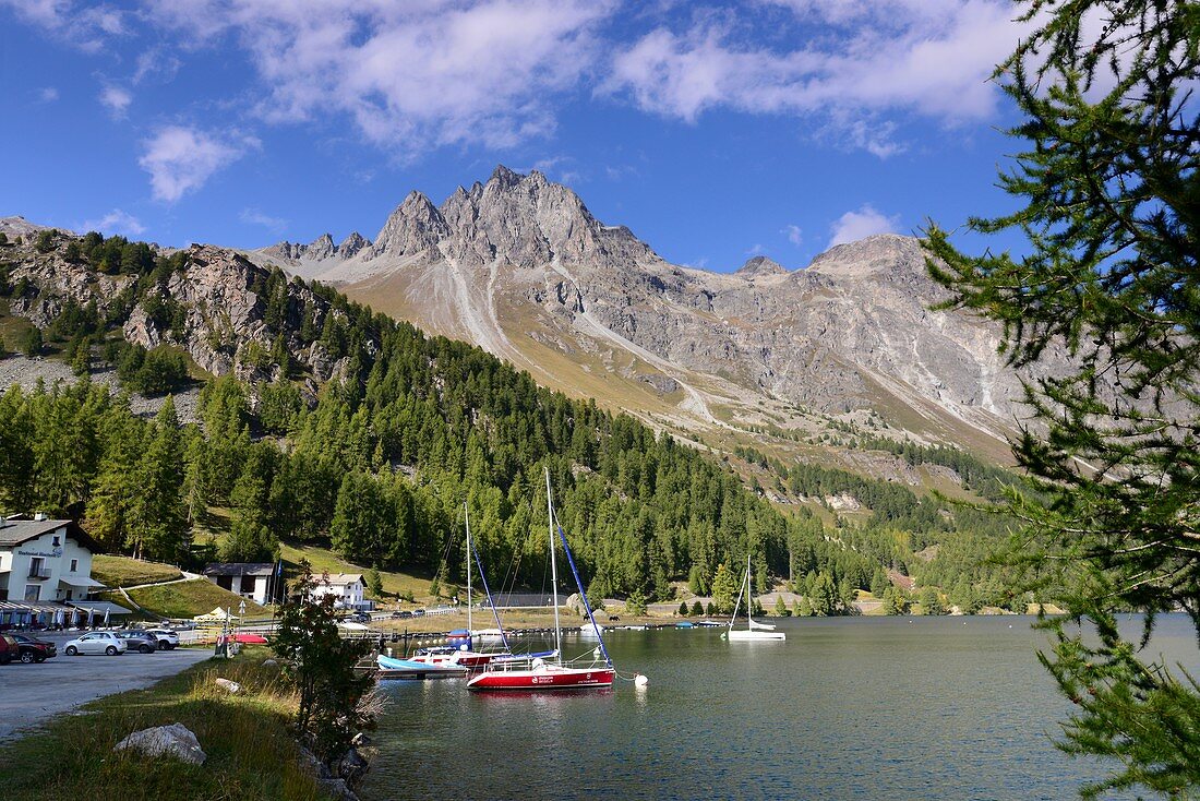 High mountains on Lake Sils on the Maloja Pass in Bergell, Graubünden, Upper Engadine, Switzerland