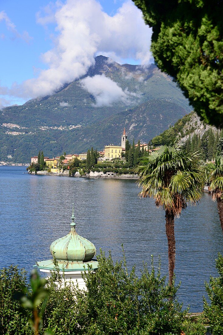 Palm trees and pavilion at Varenna on the east side, Lake Como, Lombardy, Italy