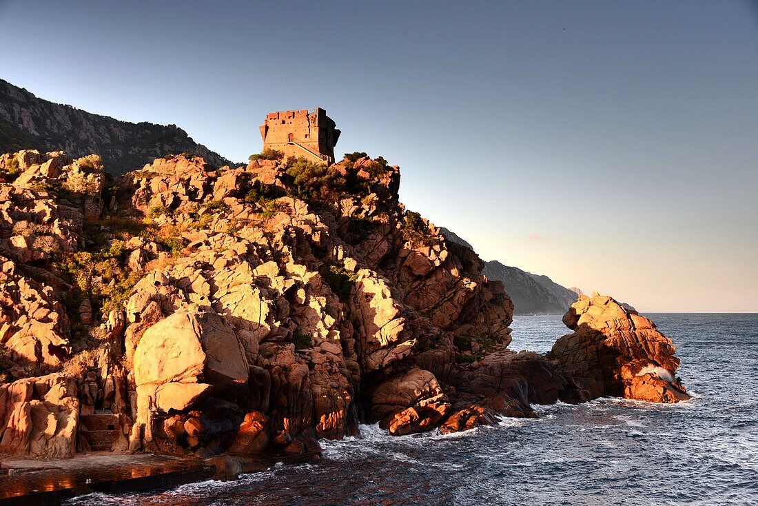 Medieval tower in Porto on the Gulf of Porto, western Corsica, France