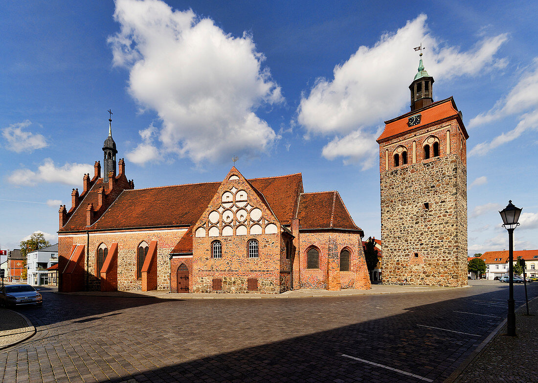 St. Johanniskirche with the market tower in Luckenwalde, Flaeming, Land Brandenburg, Germany