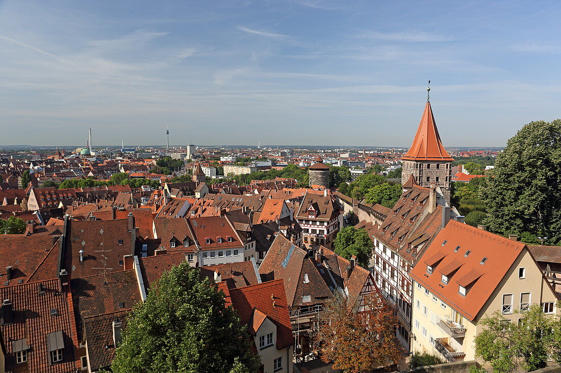 View from the Imperial Castle onto the Tiergärtertor gate and the roofs of the old town, Nuremberg, Middle Franconia, Bavaria, Germany
