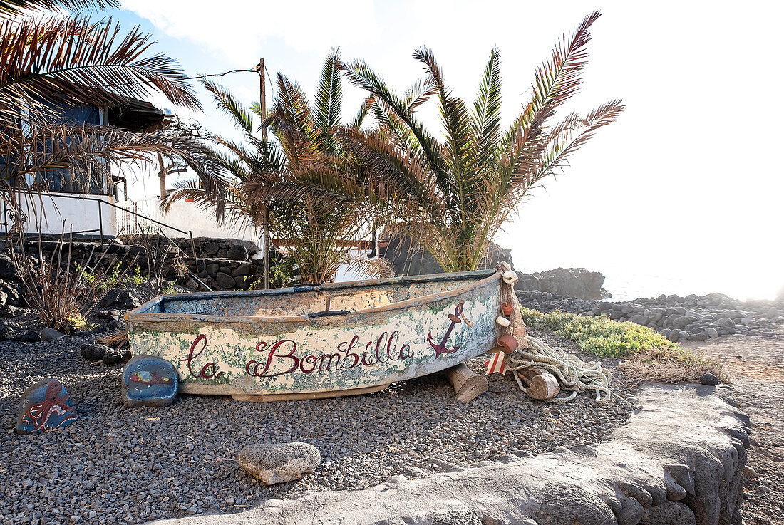 Small boat with the name of the fishing village la Bombilla, La Palma, Canary Islands, Spain, Europe