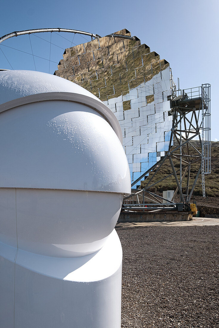 View of the MAGIC mirror telescope with a small telescope in the foreground, Roque de los Muchachos, Caldera de Taburiente, La Palma, Canary Islands, Spain, Europe