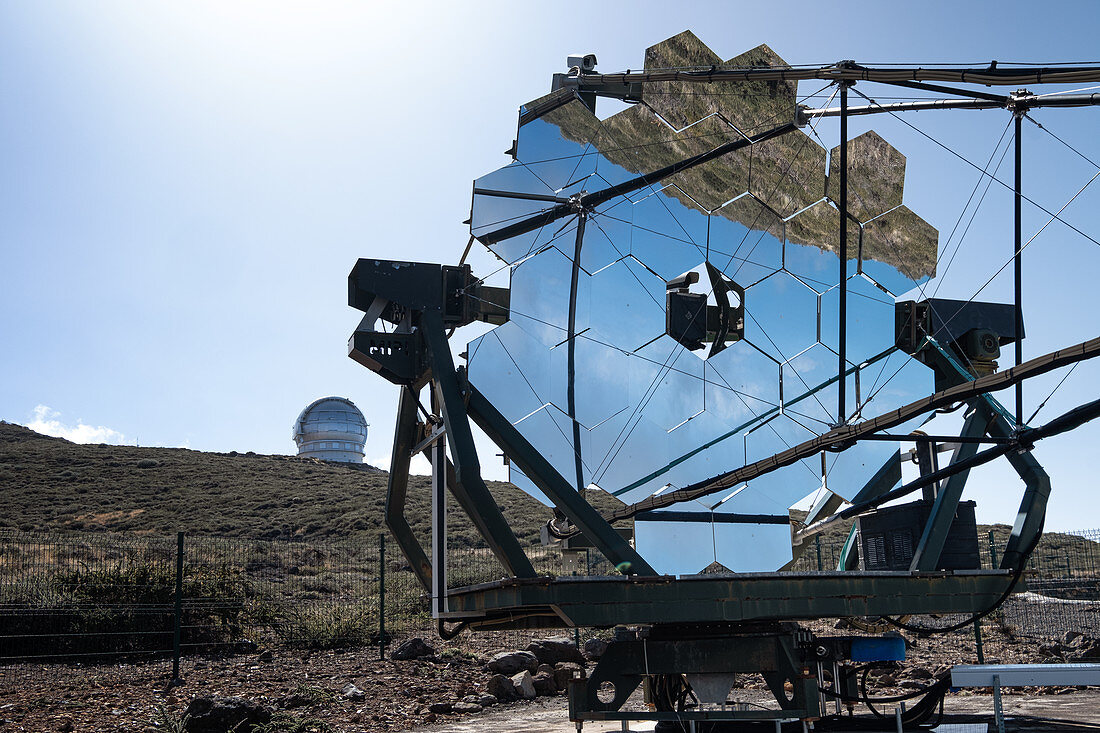 View of the smallest of the MAGIC mirror telescopes, Roque de los Muchachos, Caldera de Taburiente, La Palma, Canary Islands, Spain, Europe