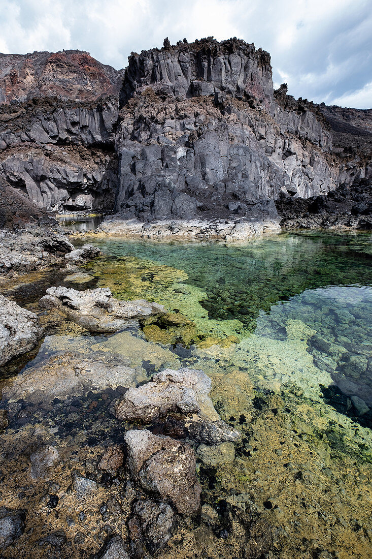 View of the natural pond at Playa Echentive, beach at Fuencaliente, La Palma, Canary Islands, Spain, Europe
