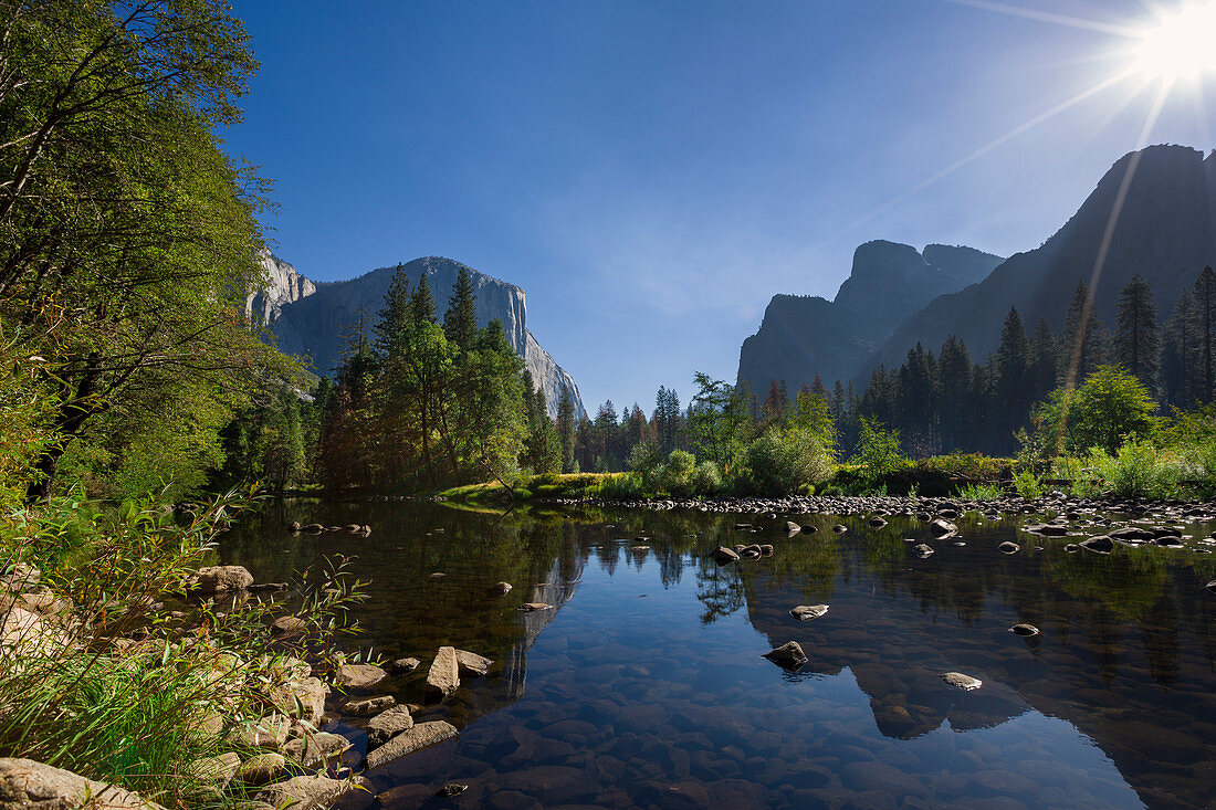 Merced River with El Capitan in Yosemite National Park in Summer, USA