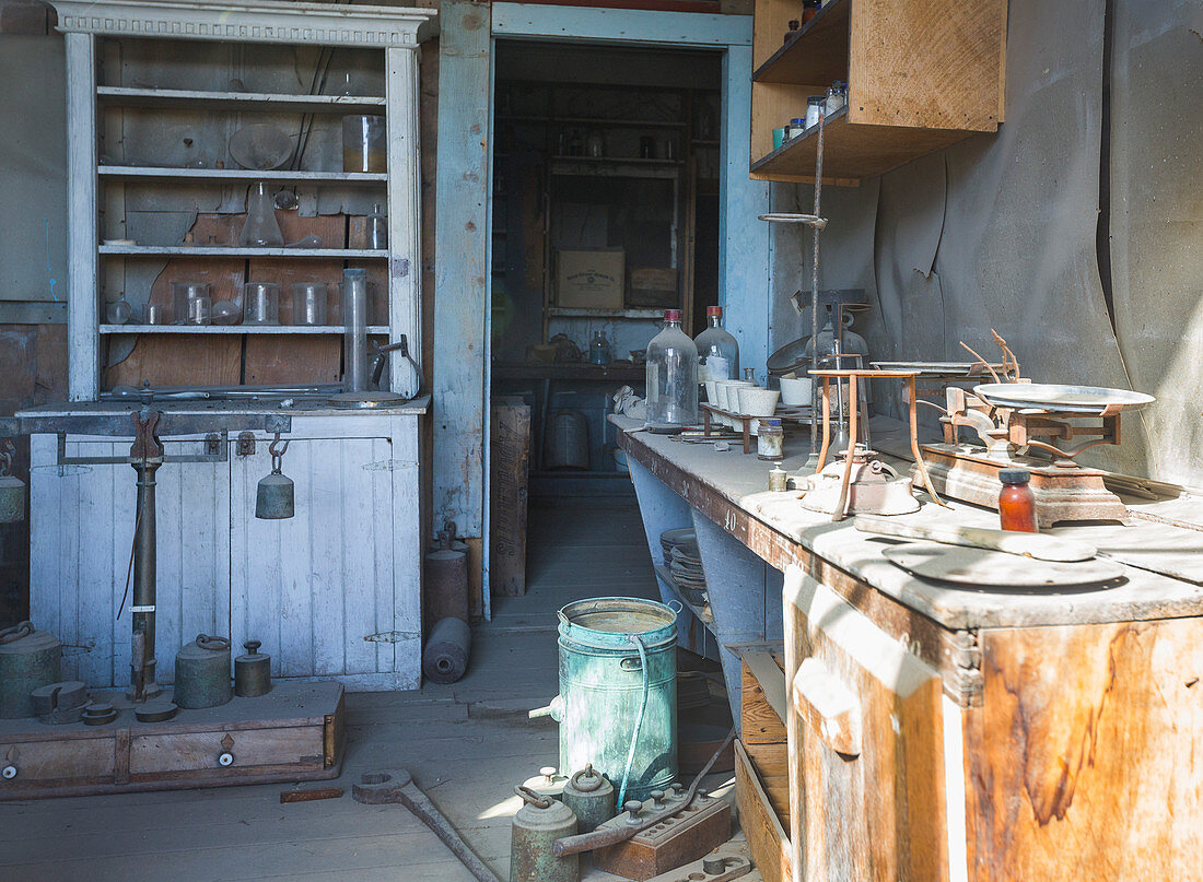 Old pharmacy of Bodie ghost town, an old gold mining town in California, United States