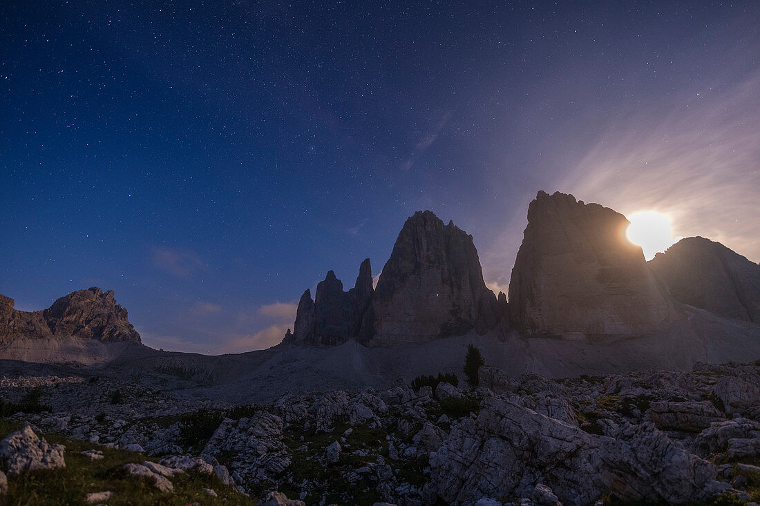 Die drei Zinnen im Mondlicht, Dolomiten, Südtirol, Italien
