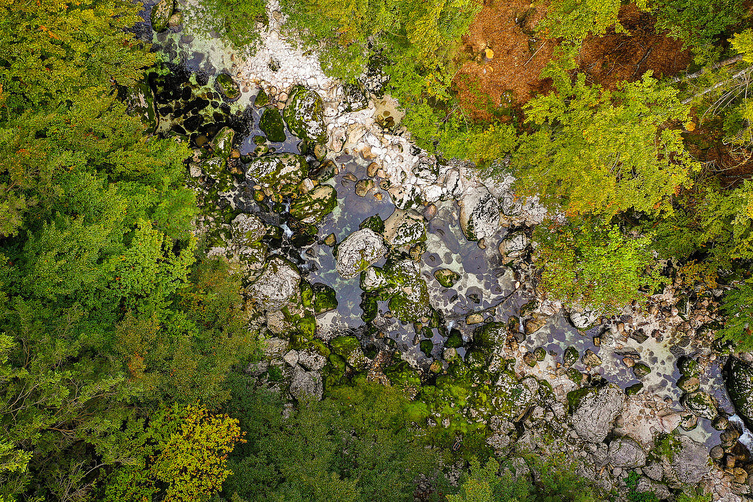 Savica Flussbett aus der Luft, Ukanc, Triglav Nationalpark, Slowenien