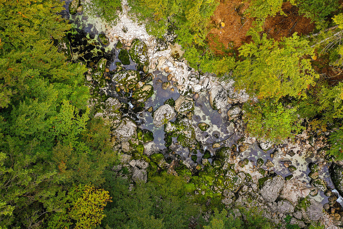 Savica riverbed from the air, Ukanc, Triglav National Park, Slovenia