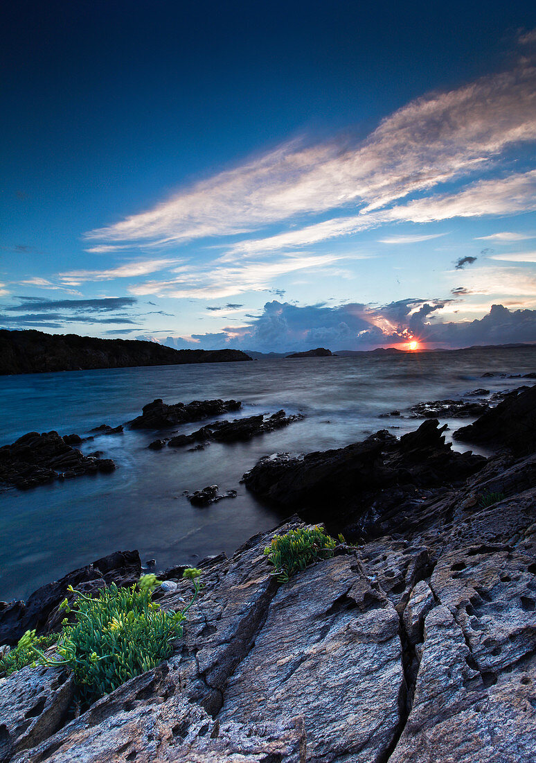 Sunset in the bay of Spiaggia, Cala del Faro, Capo Ferro, Arzachena, Province of Olbia-Tempio, Sardinia, Italy, Europe