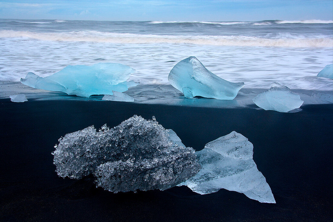 Blocks of ice on the Black Diamond Beach in southeast Iceland, Breidamerkursandur, Iceland, Europe