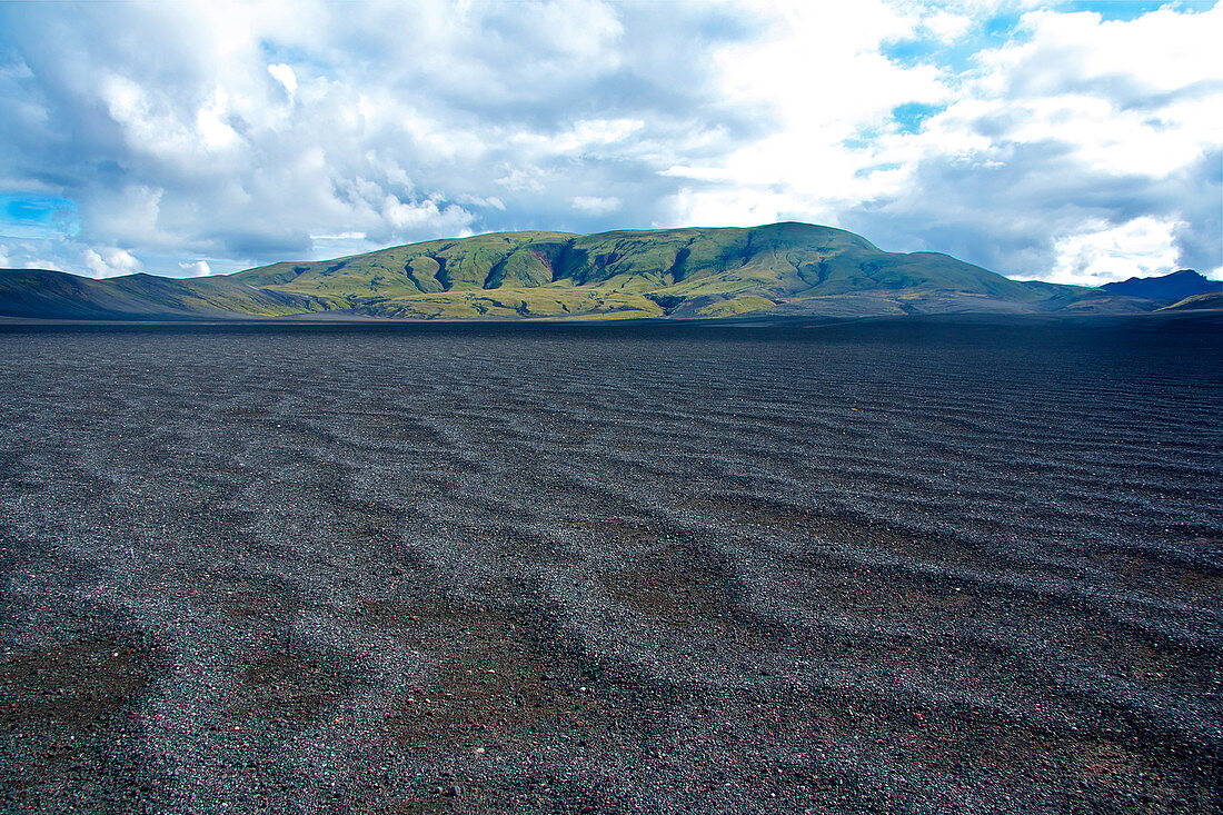 Mountains in Fjallabak nature reserve, in the foreground black sand, South Iceland, Iceland, Europe