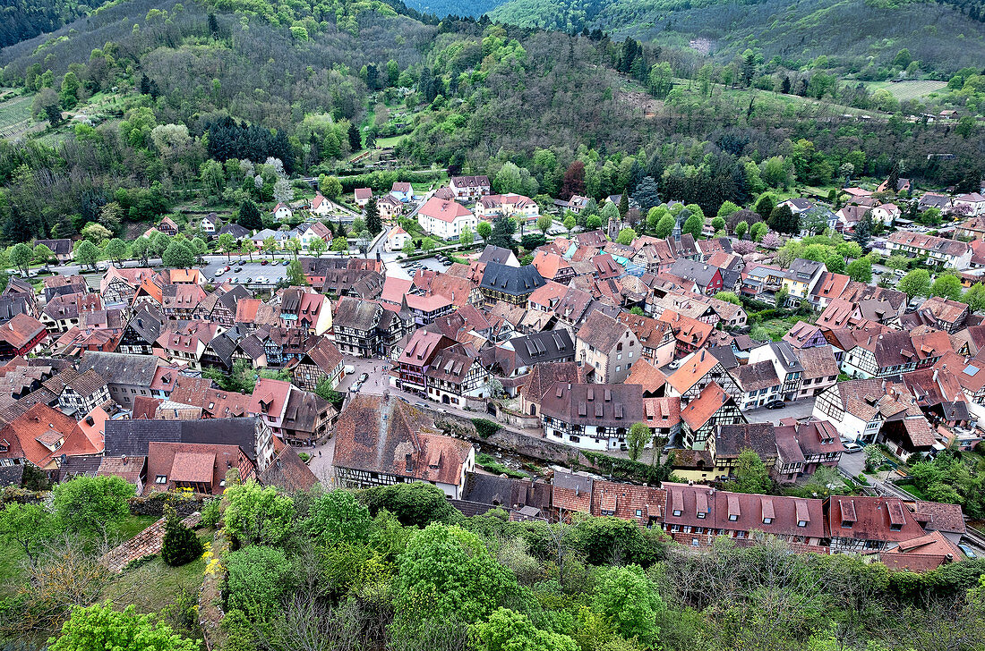 Blick auf Kayserberg vom Burgturm aus, Haut-Rhin, Grand Est, Elsass, Frankreich, Europa