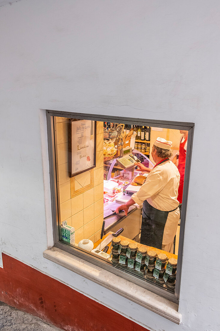 Butchers in the back streets of Capri, Capri Island, Gulf of Naples, Italy