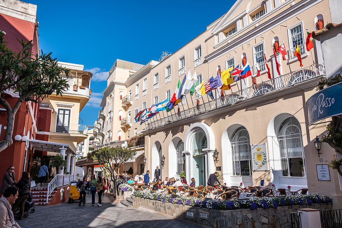 Capri shopping streets with Hotel Quisisana, Capri Island, Gulf of Naples, Italy