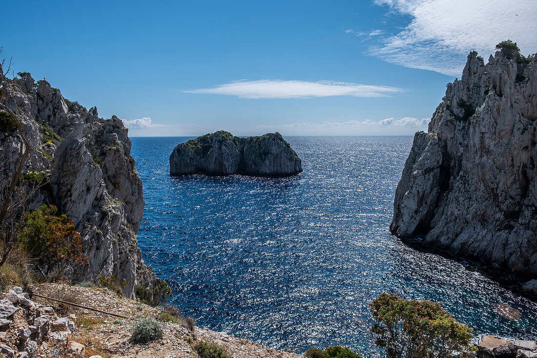 View of the Faraglioni rocks from Capri, Capri Island, Gulf of Naples, Italy