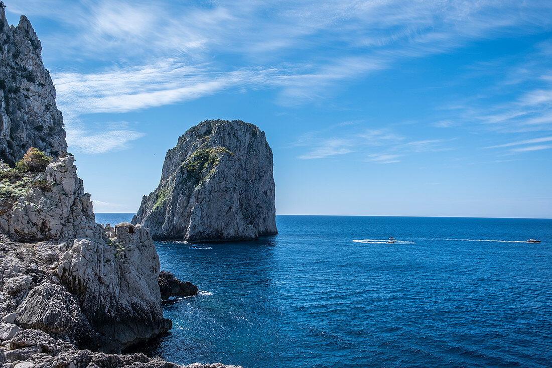 View of the Faraglioni rocks from Capri, Capri Island, Gulf of Naples, Italy