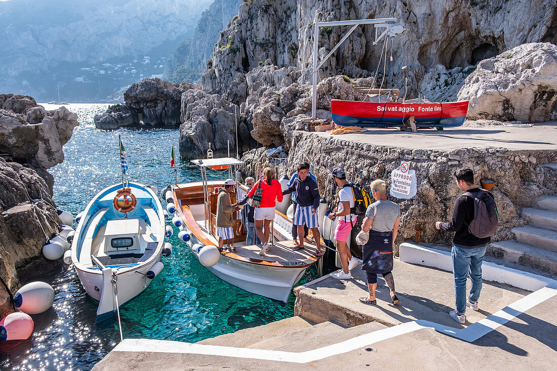 Boat transfer to Marina Piccola from the Fontelina bath on Capri, Capri Island, Gulf of Naples, Italy