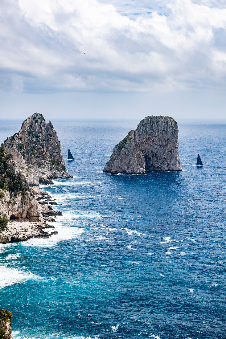 Blick auf die Faraglioni Felsen mit Regattayachten,Insel Capri,Golf von Neapel, Italien