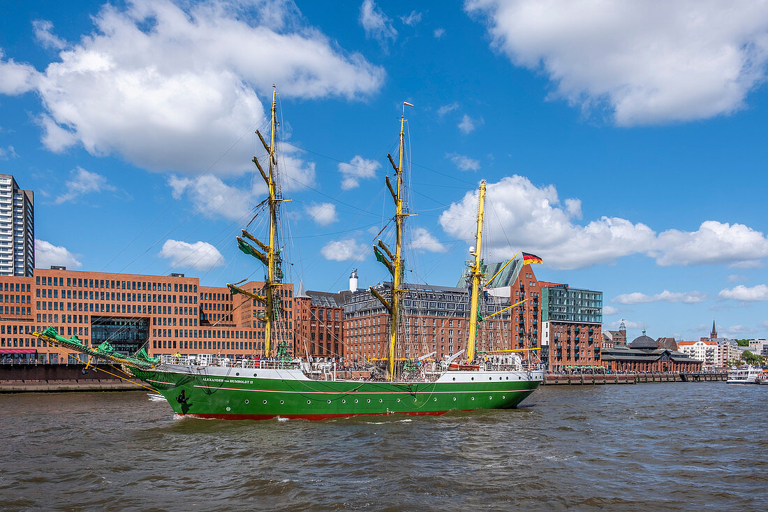 Sailing ship Alexander von Humboldt at the old fish market in the port of Hamburg, northern Germany, Germany