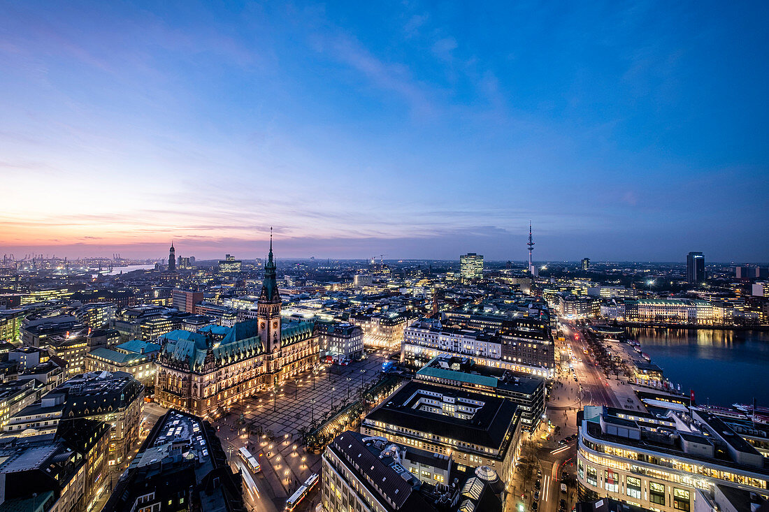 Panoramic view at the blue hour on Hamburg with the town hall and the Inner Alster and Elbe in the background, Hamburg, Northern Germany, Germany
