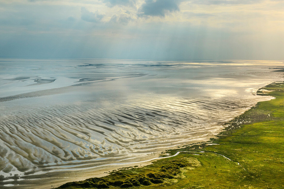 Aerial view over the North Sea. The Wadden Sea from Above. Germany, East Frisia, North Sea