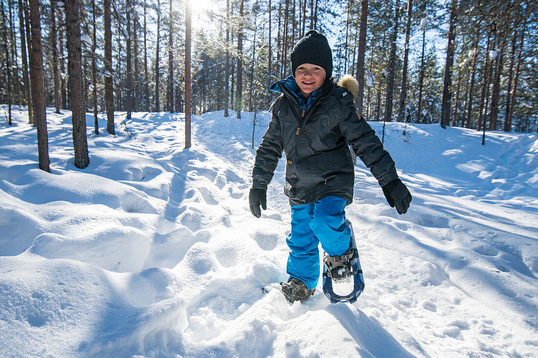 Kleiner Junge stapft mit Schneeschuhen durch einen Winterwald, Finnland