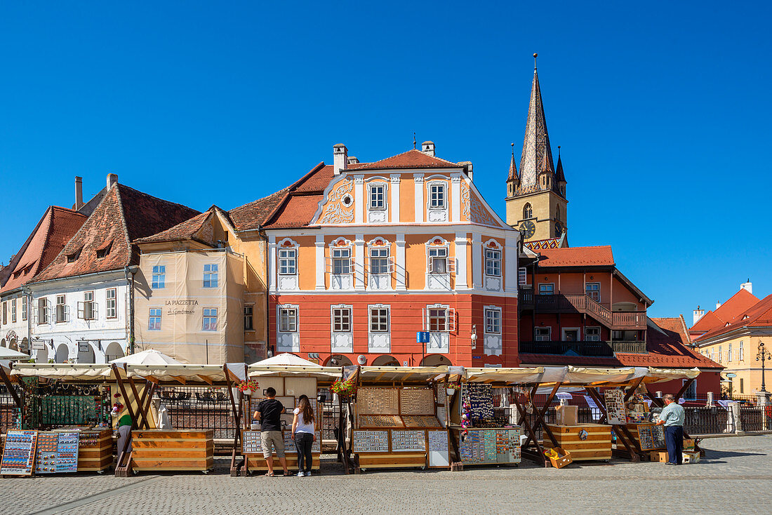 Piata Mica with Protestant parish church, Sibiu, Transylvania, Romania