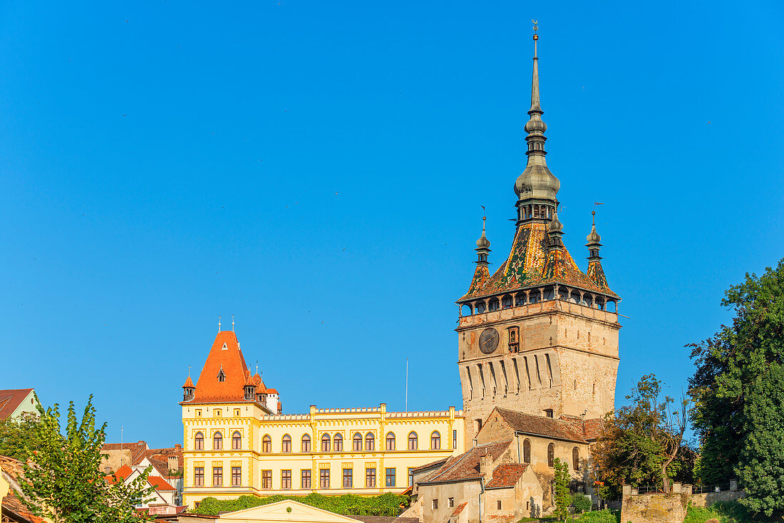 Clock tower with town hall, Sighisoara, Transylvania, Romania