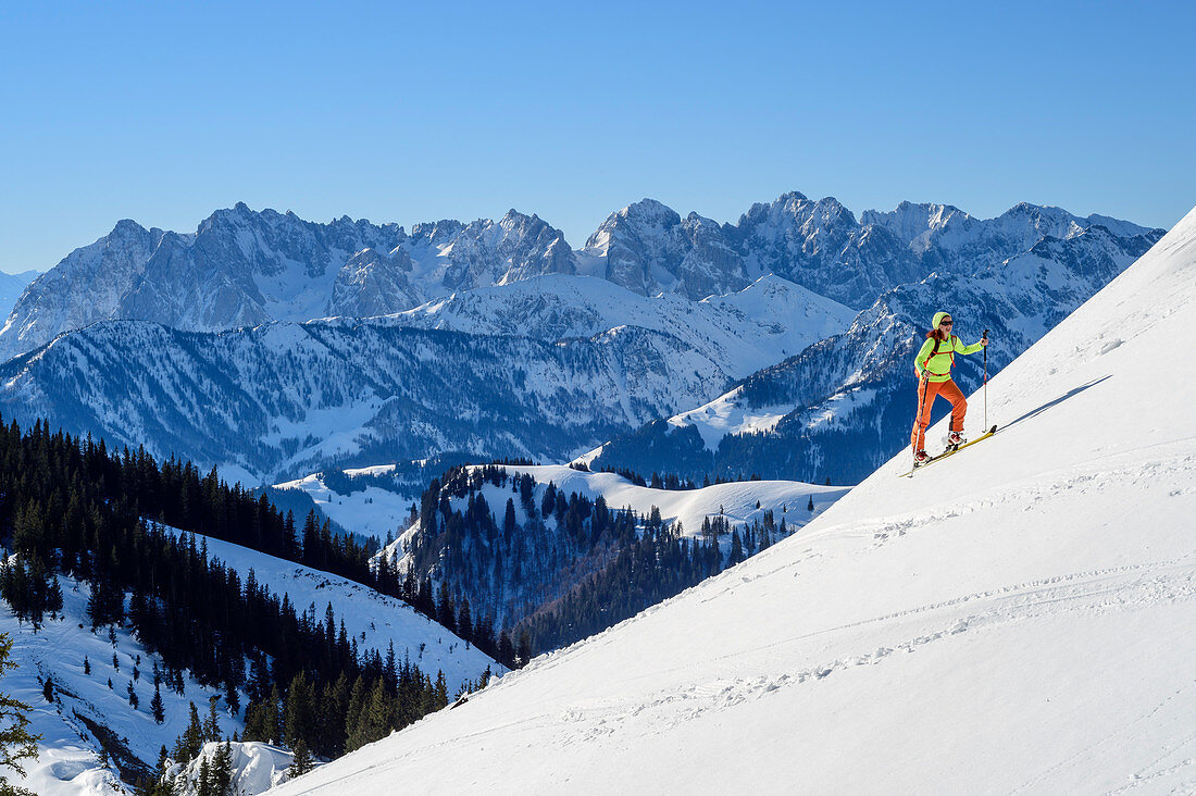Frau auf Skitour steigt zum Geigelstein auf, Kaisergebirge im Hintergrund, Geigelstein, Chiemgauer Alpen, Oberbayern, Bayern, Deutschland