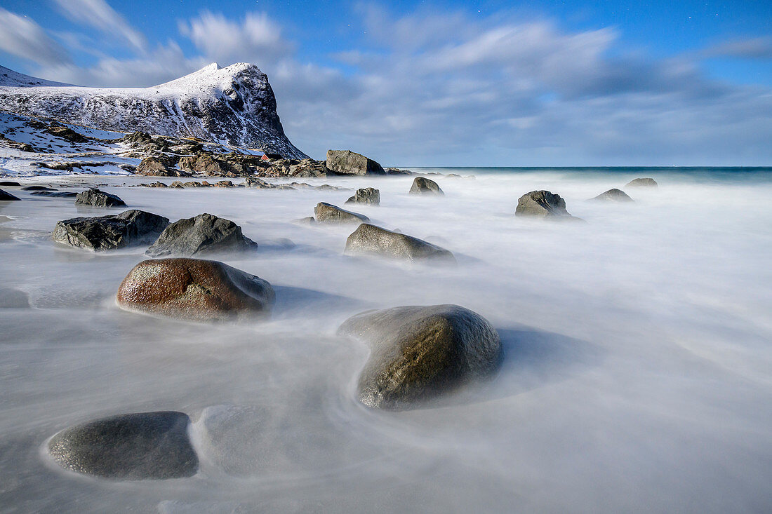 Sea surf rinses over rocks, Lofoten, Nordland, Norway