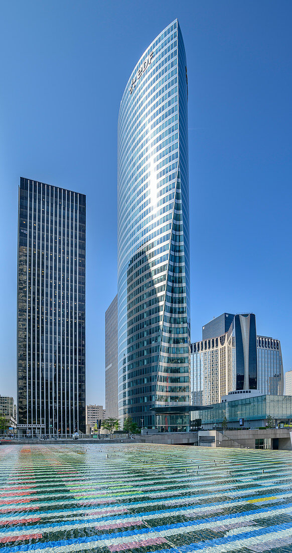 Fountain with skyscrapers in the background, La Defense, Paris, France