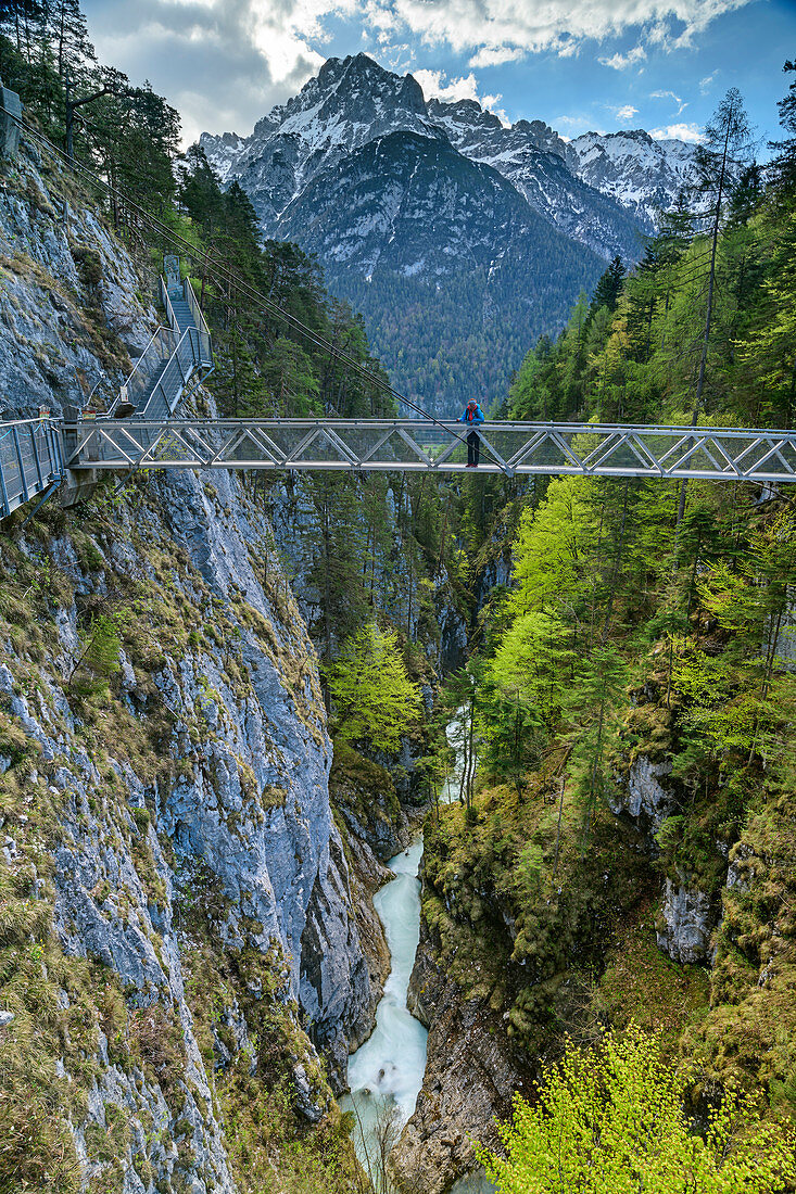 Person while hiking stands on suspension bridge over the Leutasch, Leutaschklamm, Geisterklamm, Wetterstein Mountains, Tyrol, Austria