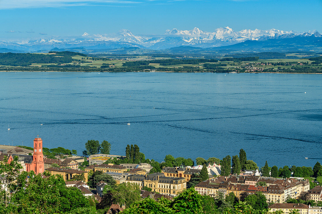 Neuenburg mit Neuenburgersee, Neuchatel mit Lac de Neuchatel, Berner Alpen im Hintergrund, Neuenburg, Schweiz