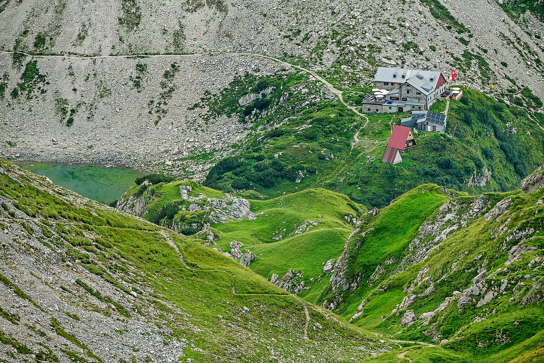 Deep view of Prinz-Luitpold-Haus, Jubiläumsweg, Allgäu Alps, Oberallgäu, Allgäu, Swabia, Bavaria, Germany