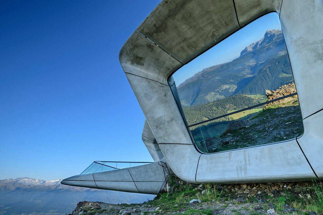 Mountains are reflected in windows of the Messner Mountain Museum Kronplatz, Corones, architect Zaha Hadid, Kronplatz, Puster Valley, Dolomites, South Tyrol, Italy