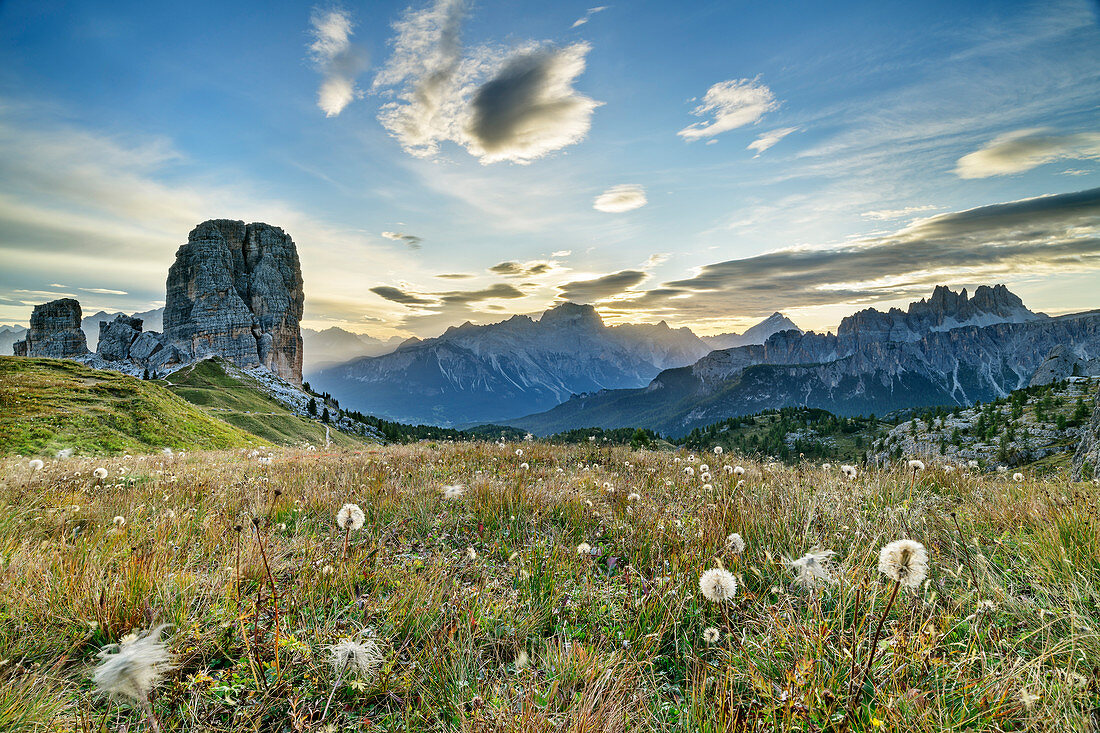 Autumnal mountain meadow with Cinque Torri, Sorapis and Croda da Lago, Cinque Torri, Dolomites, UNESCO World Heritage Dolomites, Veneto, Italy