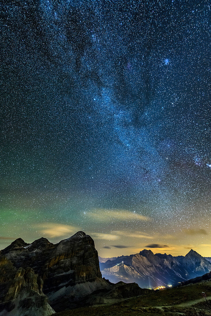 Starry sky with Milky Way over Tofana, Sorapis and Antelao, Dolomites, UNESCO World Heritage Dolomites, Veneto, Italy