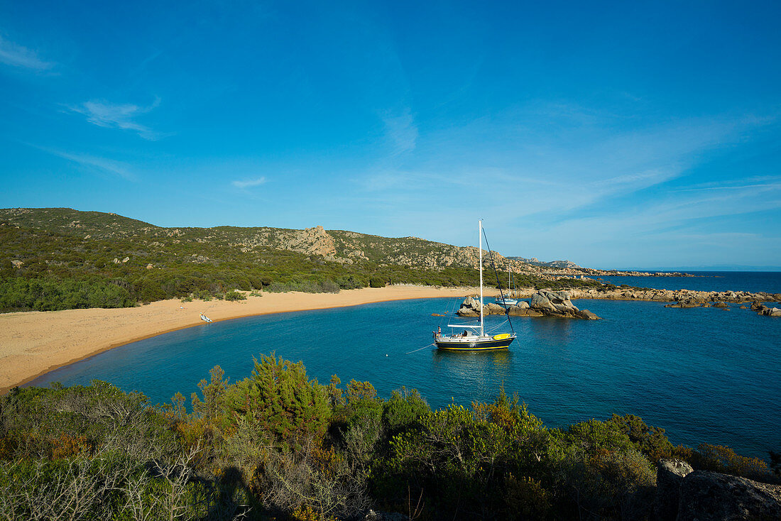Coastal landscape and lonely sandy beach, near Sartène, Corse-du-Sud, Corsica, France