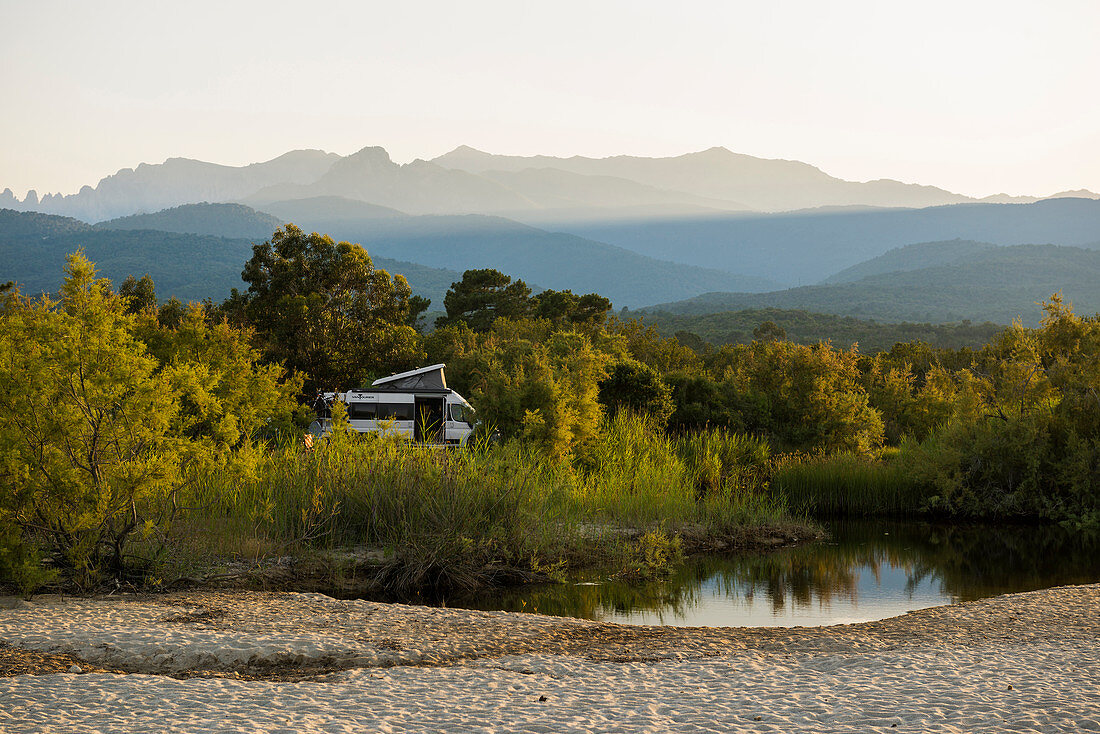 Lagoon and mountains, sunset, Solenzara, Haute-Corse, Corsica, France