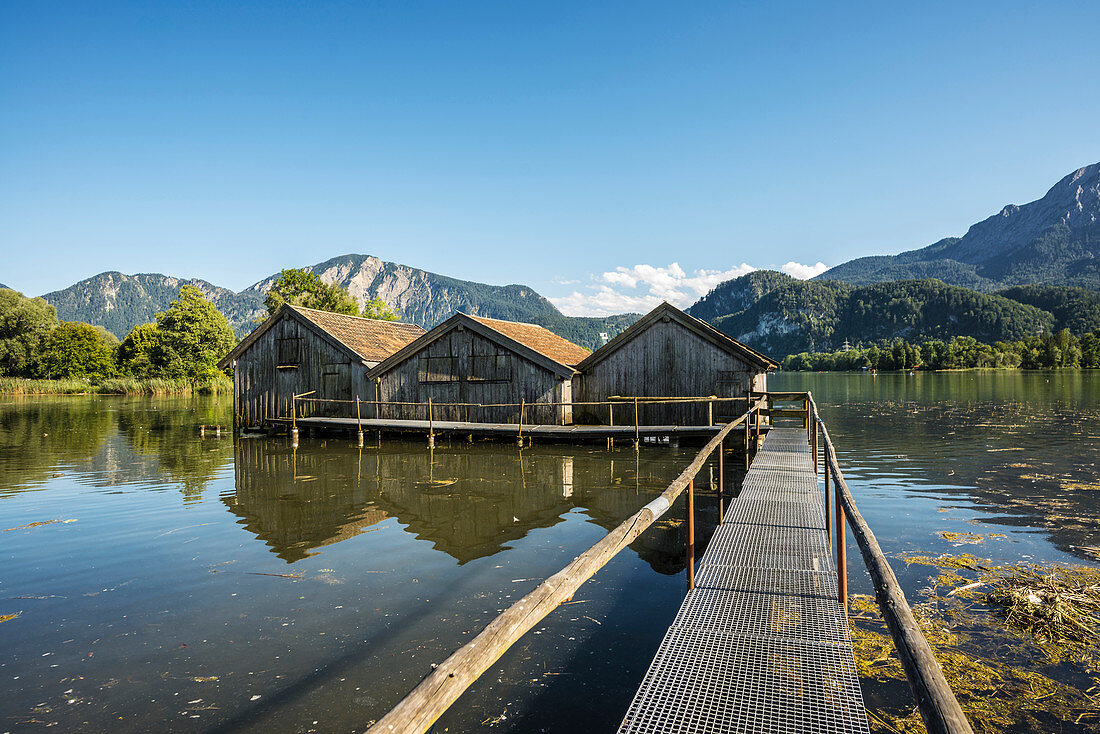 Boathouses on Kochelsee, Kochel am See, Upper Bavaria, Bavaria, Germany