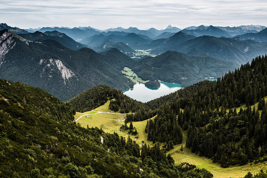 Mountain panorama, view from Herzogstand, Alps, Upper Bavaria, Bavaria, Germany