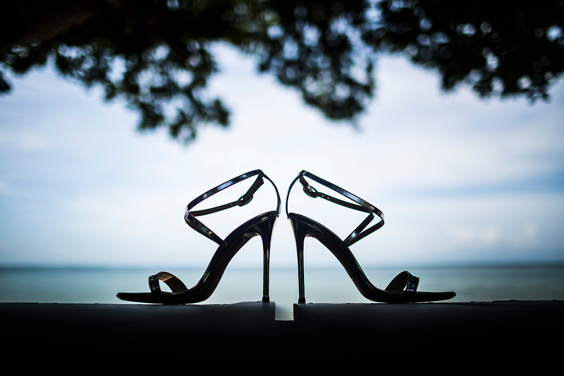 Close up of pair of shiny stiletto sandals, tree foliage and ocean in background.
