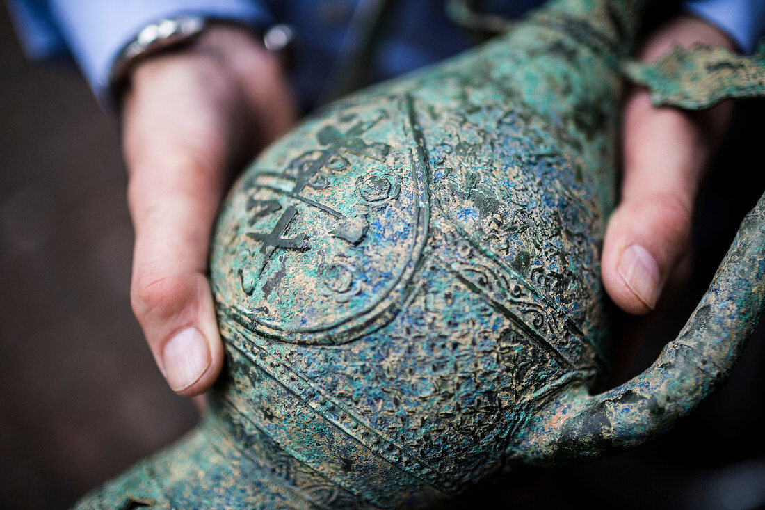 High angle close up of 17th century Vietnamese ewer.