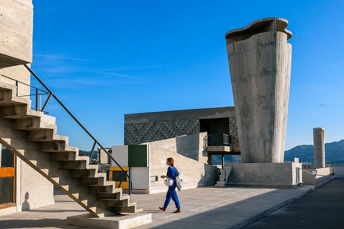 Frankreich, Bouches-du-Rhône, Marseille, architektonisches Werk von Le Corbusier, UNESCO Weltkulturerbe, die strahlende Stadt des Architekten Le Corbusier, die Dachterrasse